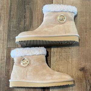 Michael Kors Suede Natalia Faux Fur Lined Gold Logo Tan Ankle Boots
